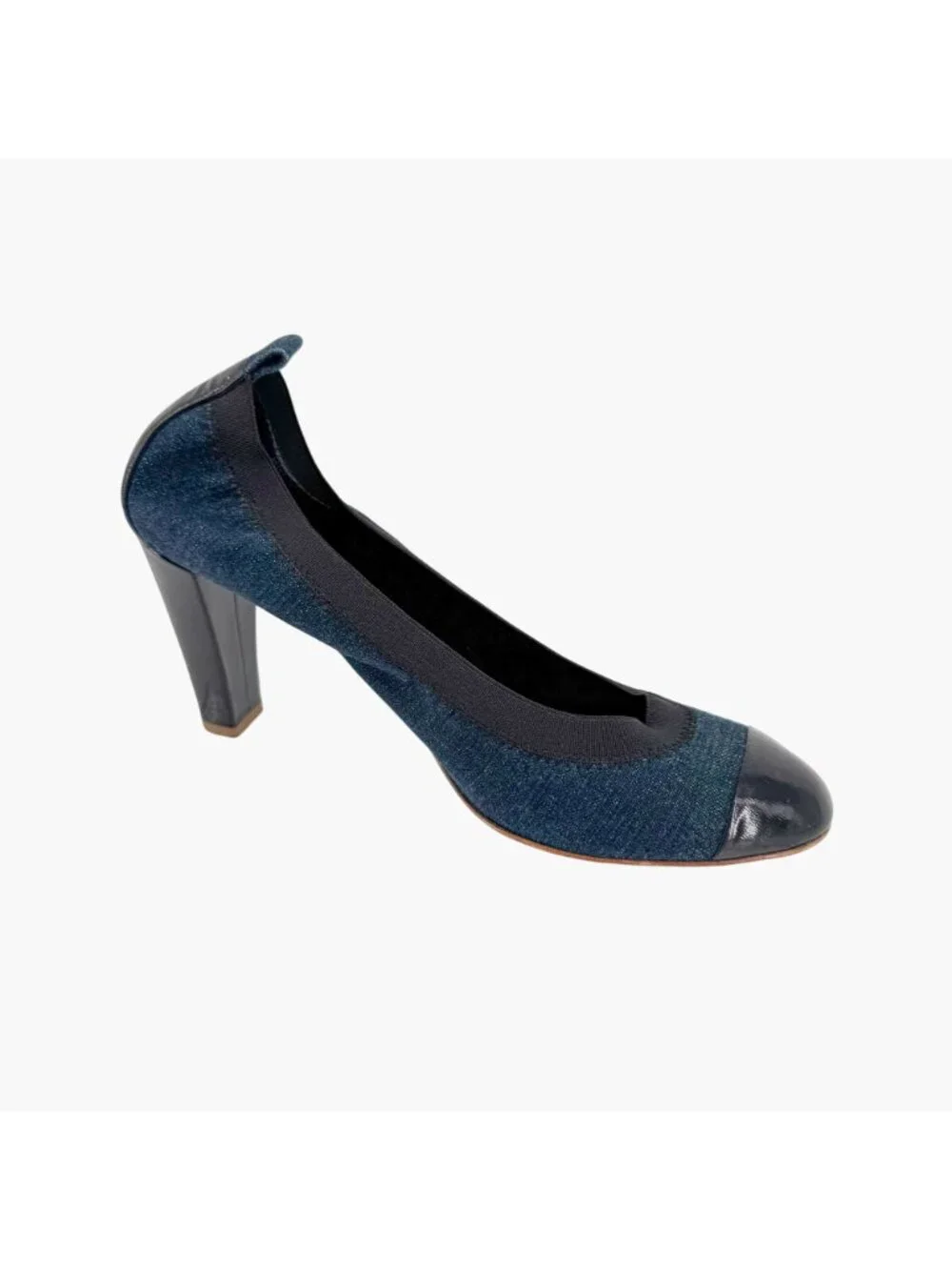 Chanel Elastic CC Logo Blue Denim Pumps High Heels Size 39 US 8-8.5 Women
